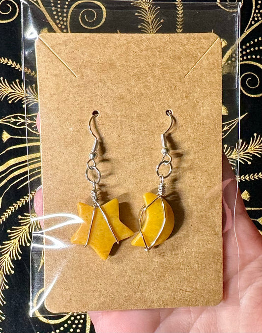 Yellow jasper moon and star earrings