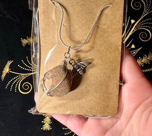 Shell fossil and bee charm necklace