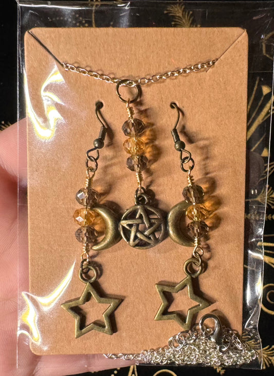 Pentagram and stars necklace and earring set