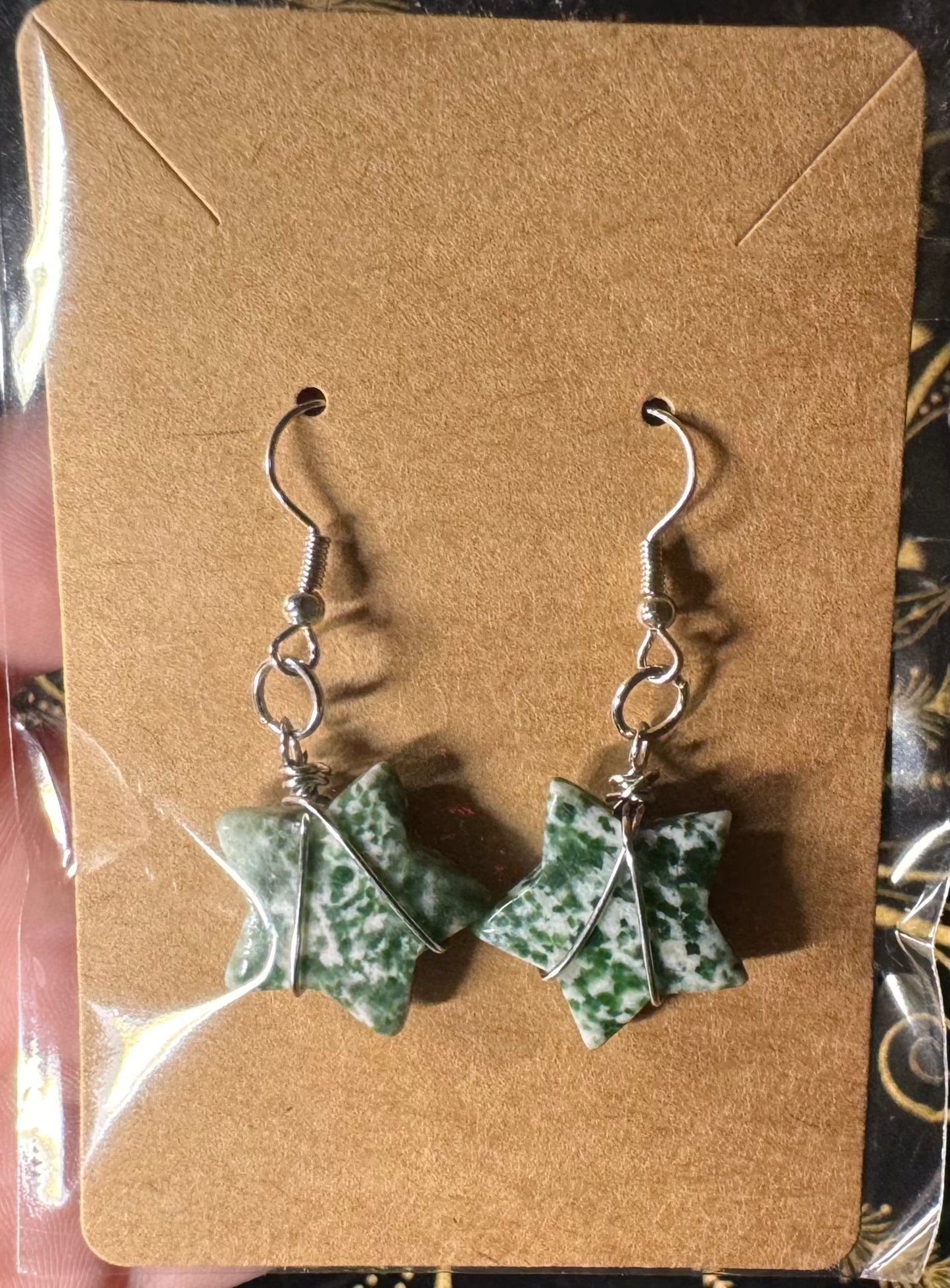 Green spot jasper star earrings