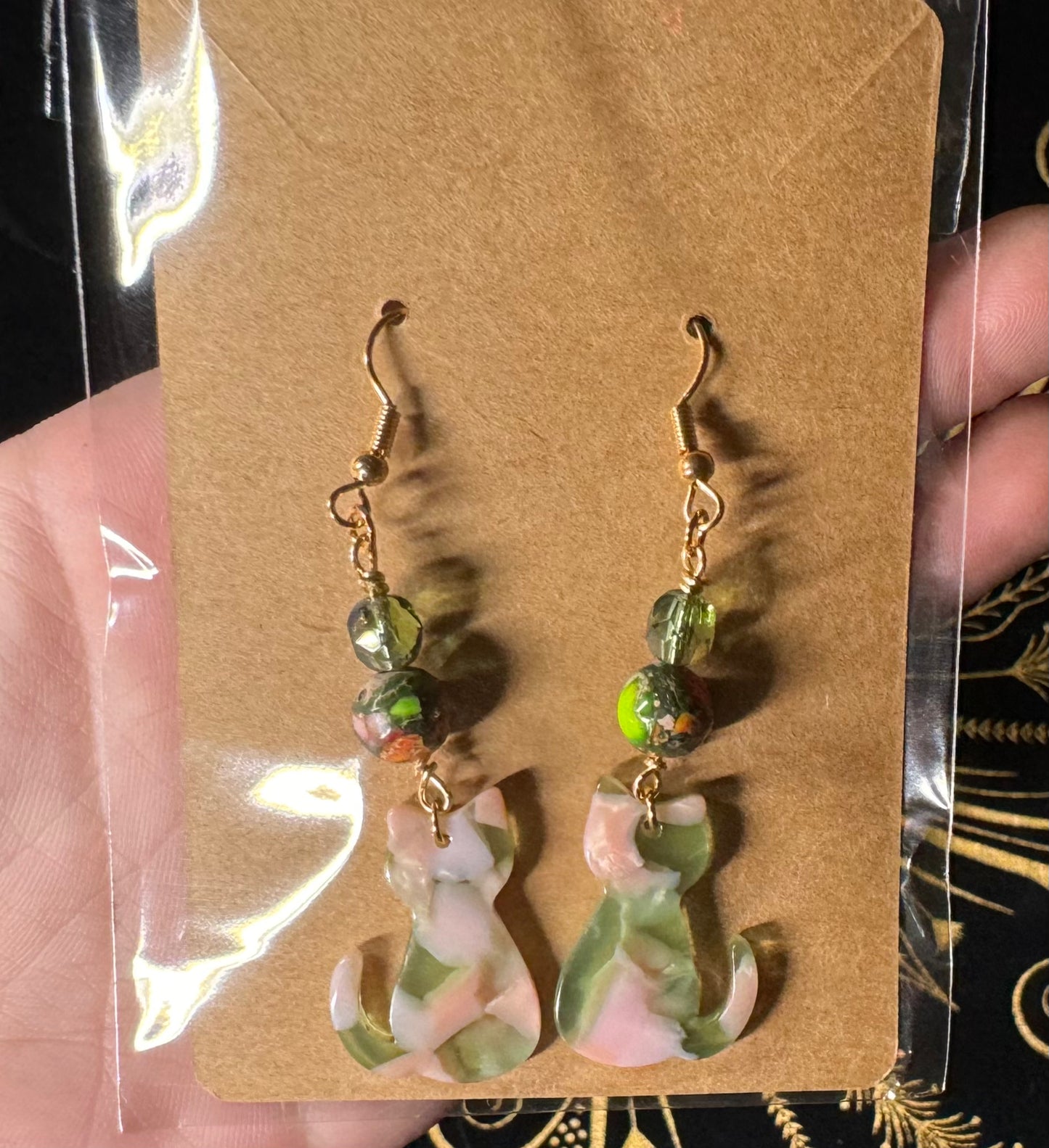 Green and pink cat charm earrings