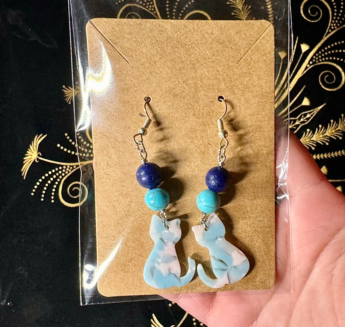 Blue cat charm earrings