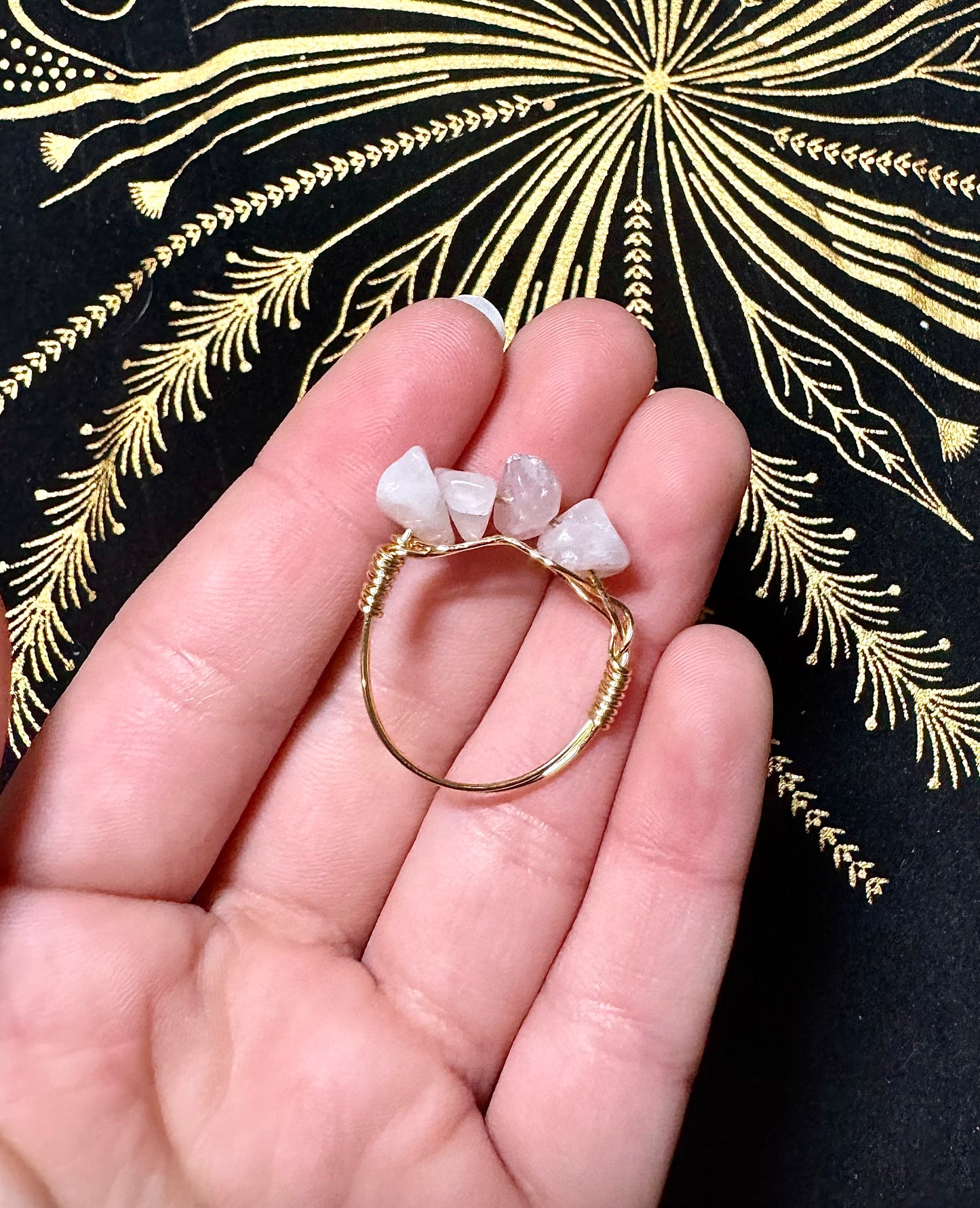 Rose quartz crystal chip ring