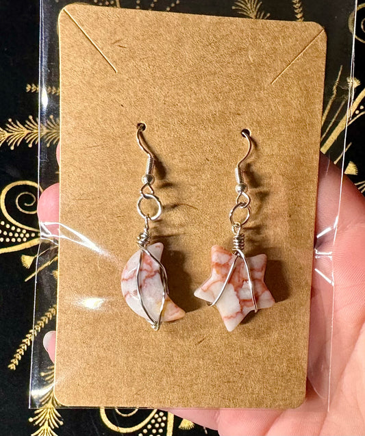 Red vein jasper moon and star earrings