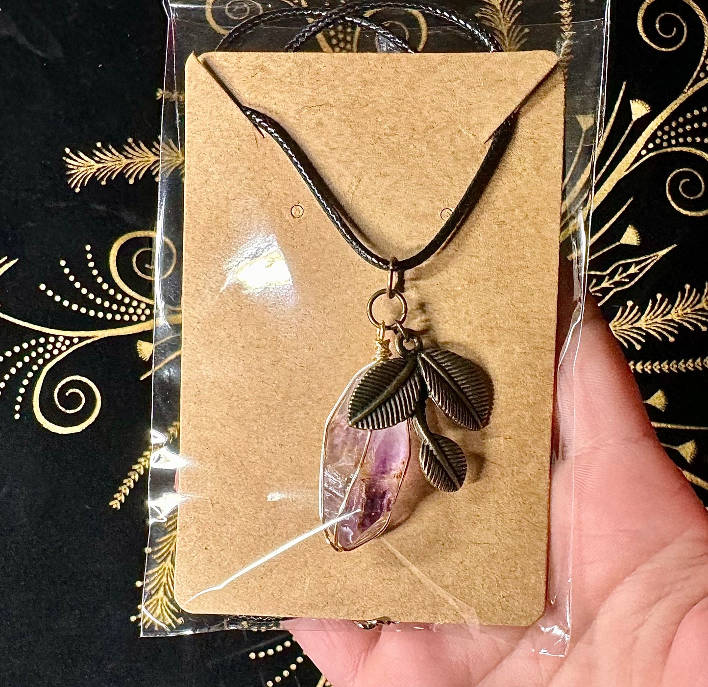 Amethyst and leaf charm necklace