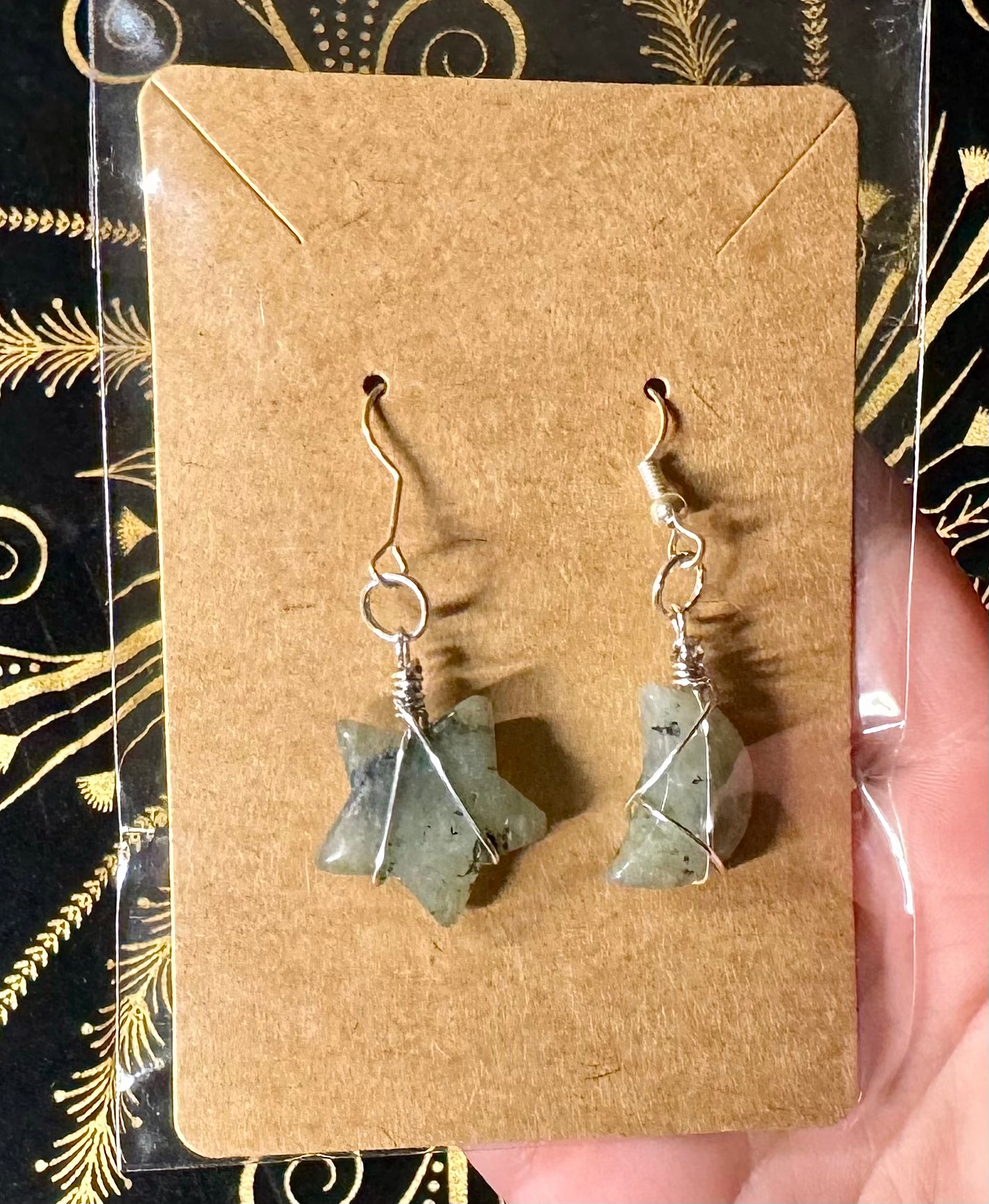 Moss agate moon and star earrings