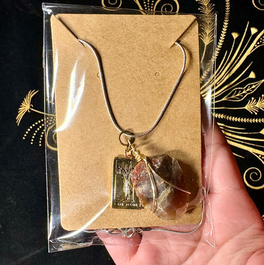 Arrowhead and tarot card necklace