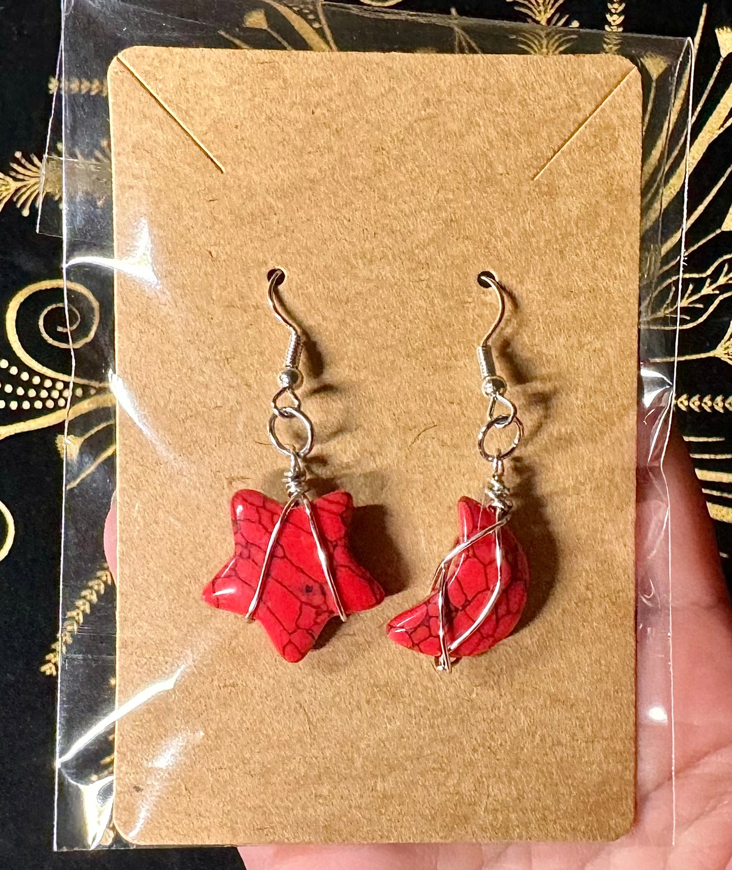 Red howlite moon and star earrings